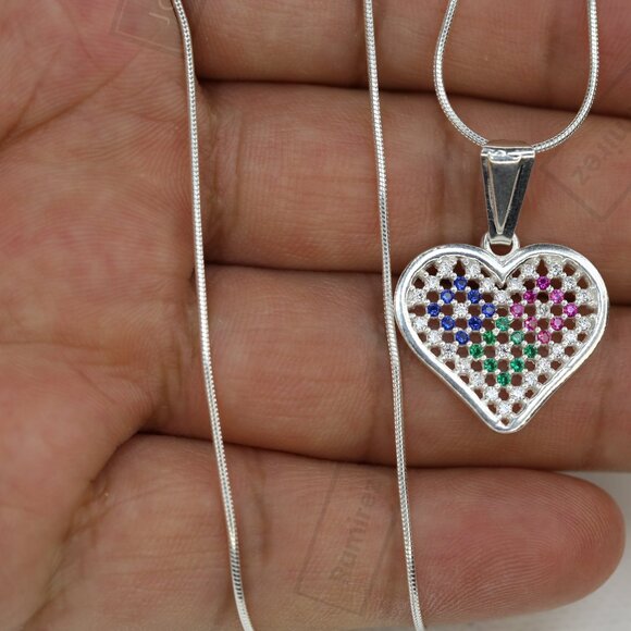 925 Sterling Silver Multicolor Heart Pendant with Chain • 18" Snake Necklace. - Picture 5 of 7